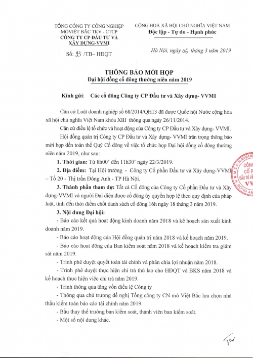 Thông báo mời họp Đại hội đồng cổ đông năm 2019