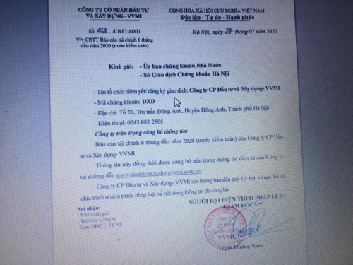 CÔNG BỐ THÔNG TIN BÁO CÁO TÀI CHÍNH 6 THÁNG ĐẦU NĂM 2020
