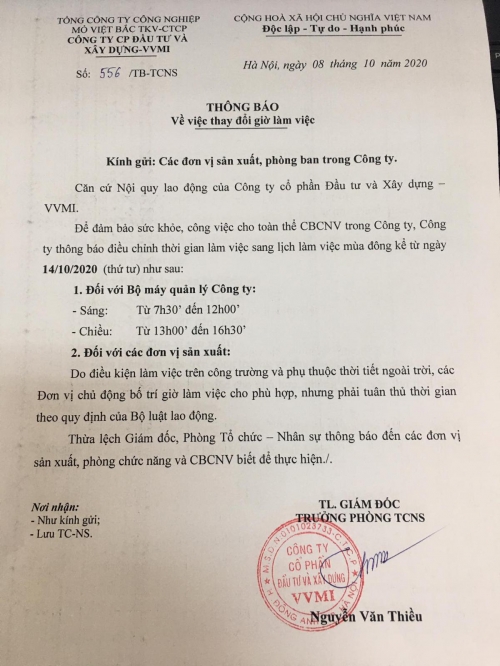 THÔNG BÁO THAY ĐỔI THỜI GIAN LÀM VIỆC MÙA ĐÔNG