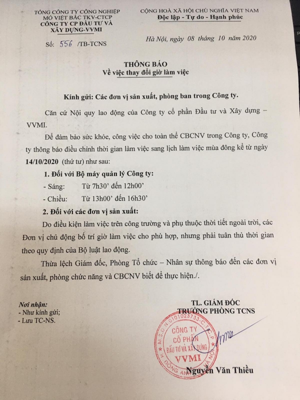 THÔNG BÁO THAY ĐỔI THỜI GIAN LÀM VIỆC MÙA ĐÔNG