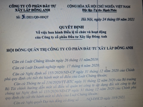 ĐIỀU LỆ TỔ CHỨC, QC QUẢN TRỊ NỘI BỘ, QUY CHẾ  HĐQT, QUY CHẾ BKS