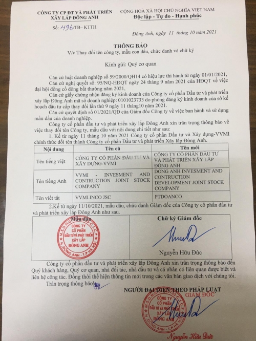 THÔNG BÁO THAY ĐỔI TÊN CÔNG TY, ĐĂNG KÝ KINH DOANH, MẪU CON DẤU