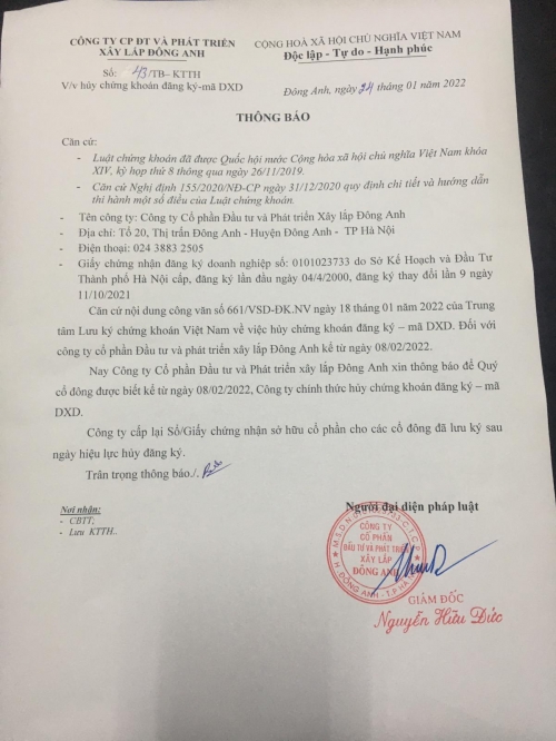 HỦY CHỨNG KHOÁN ĐĂNG KÝ- MÃ DXD