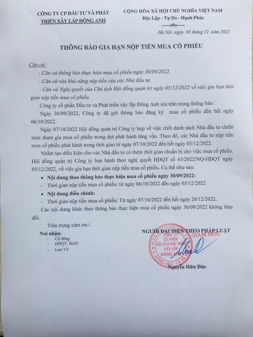 THÔNG BÁO GIA HẠN NỘP TIỀN MUA CỔ PHIẾU